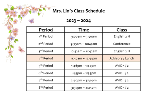 This is Mrs. Lin's Class Schedule for 2023-2024.